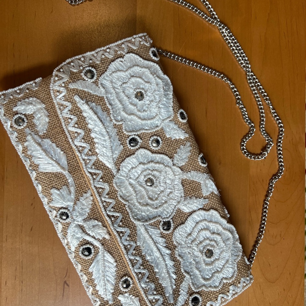 Embroidered Floral Chain Bag - White and Tan
